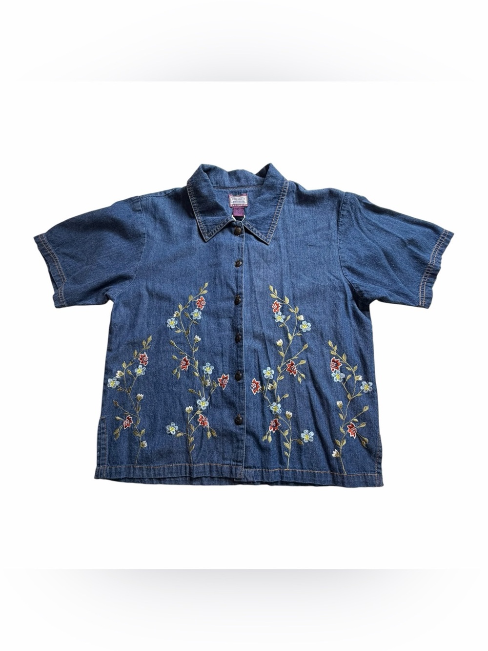 Premier International 90s Vtg Floral Embroidered Denim Cottagecore ButtonUp Sz M